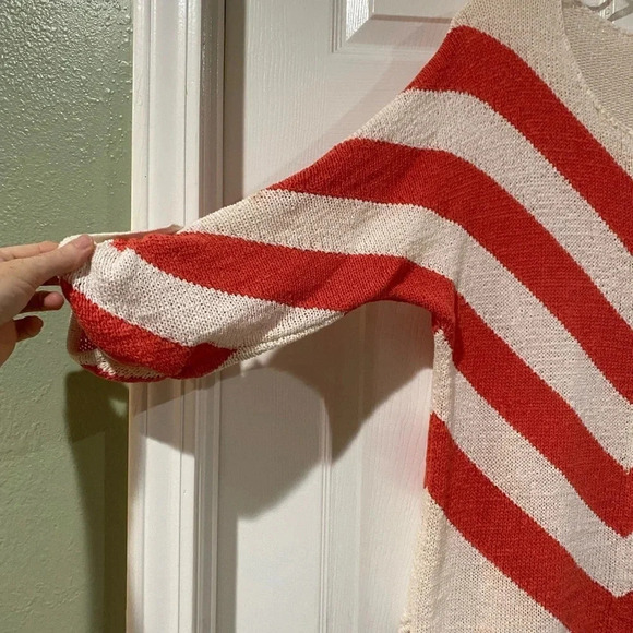 Chicos Womens Sweater 1 Small Chevron Stripe Coral Salmon Ivory Roll-Tab Dolman - Picture 4 of 10